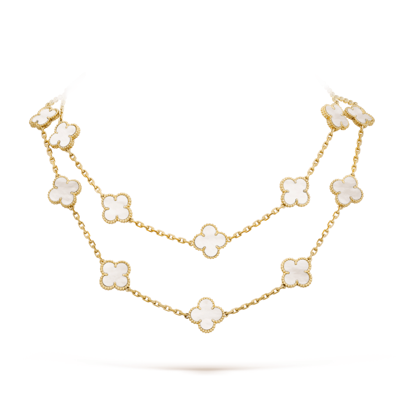 CLOVER 20 MOTIFS WHITE MOP GOLD NECKLACE