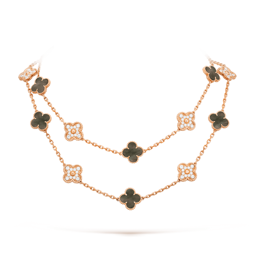 CLOVER 20 MOTIFS DARK MOP DIAMOND GOLD NECKLACE