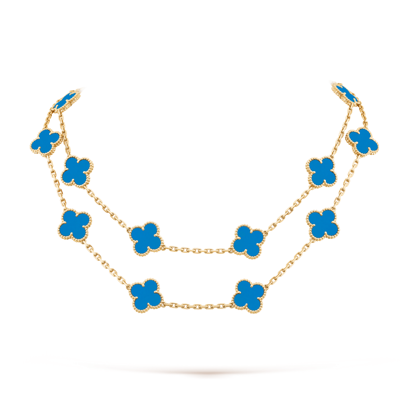 CLOVER 20 MOTIFS TURQUOISE GOLD NECKLACE