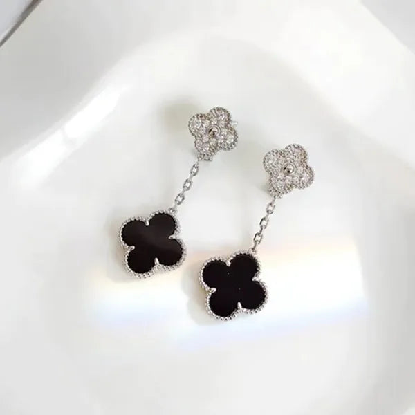 CLOVER 2 MOTIFS SILVER DIAMOND ONYX EARRINGS