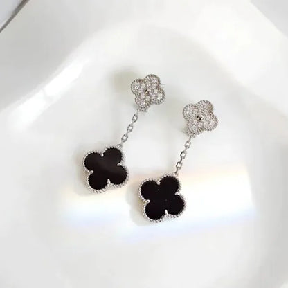 CLOVER 2 MOTIFS SILVER DIAMOND ONYX EARRINGS