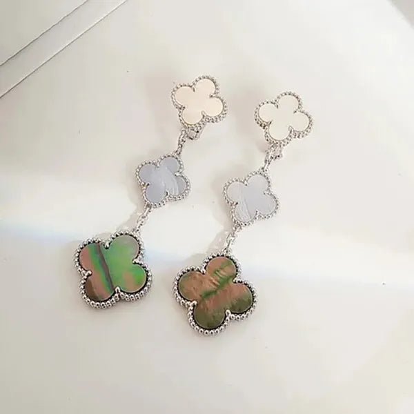 CLOVER 3 MOTIFS CHALCEDONY DARK MOP SILVER EARRINGS
