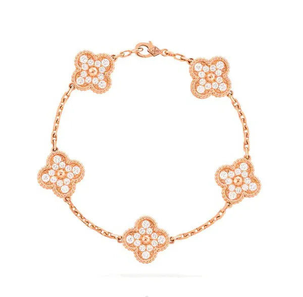 CLOVER 5 MOTIFS PINK GOLD DIAMOND BRACELET