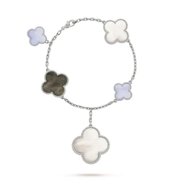 CLOVER 5 MOTIFS SILVER WHITE MOP BRACELET