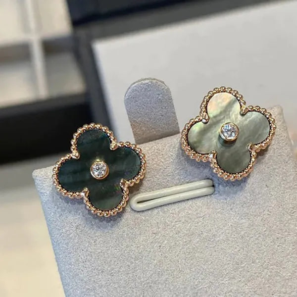 CLOVER BLACK MOP PINK GOLD DIAMOND EARRINGS