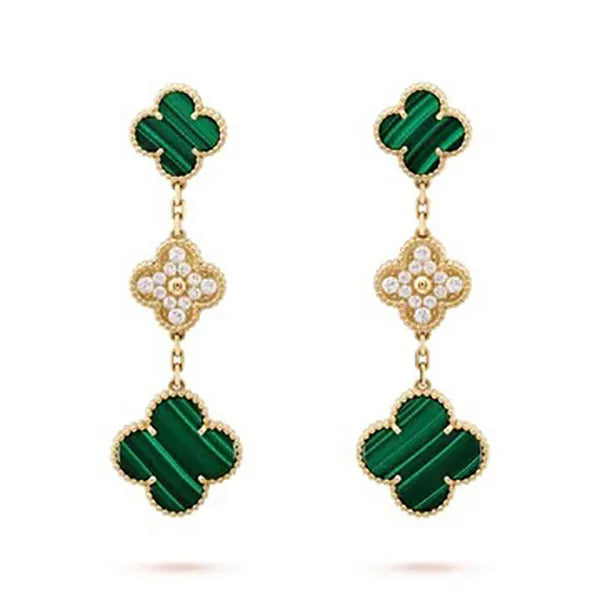 CLOVER EARRINGS GOLD MALACHITE DIAMOND 3 MOTIFS