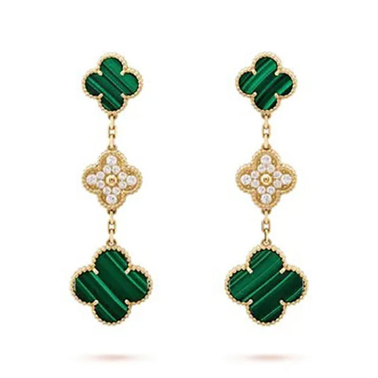 CLOVER EARRINGS GOLD MALACHITE DIAMOND 3 MOTIFS