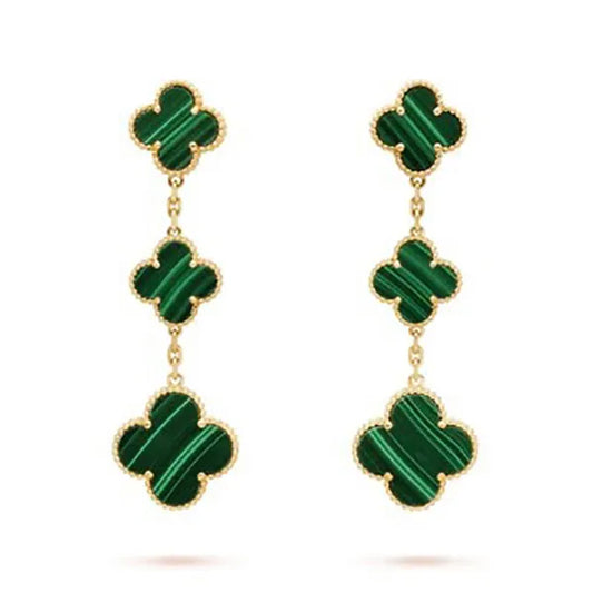 CLOVER MALACHITE 3 MOTIFS GOLD EARRINGS