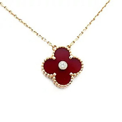 CLOVER NECKLACE GOLD DIAMOND CARNELIAN
