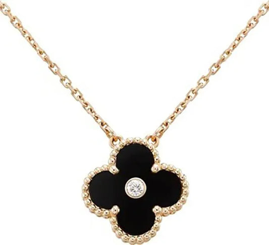 CLOVER NECKLACE GOLD DIAMOND ONYX