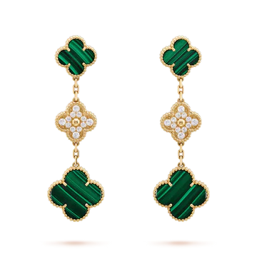 CLOVER EARRINGS GOLD MALACHITE DIAMOND 3 MOTIFS