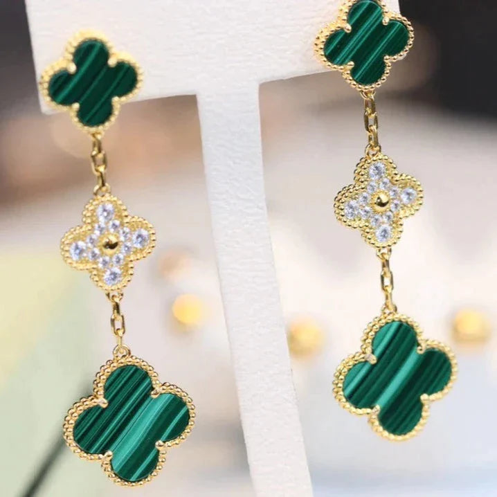 CLOVER EARRINGS GOLD MALACHITE DIAMOND 3 MOTIFS