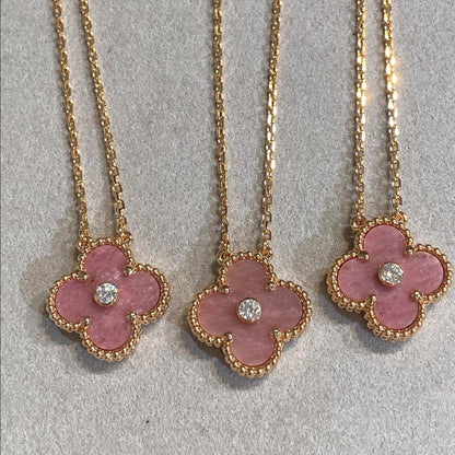 CLOVER RHODONITE 1 DIAMOND PINK GOLD NECKLACE