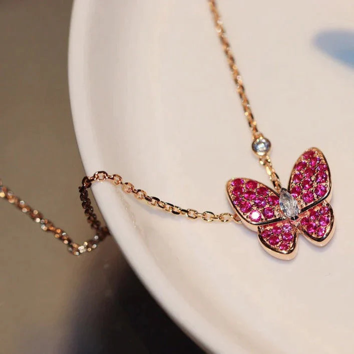 BUTTERFLY RED DIAMOND PINK GOLD NECKLACE