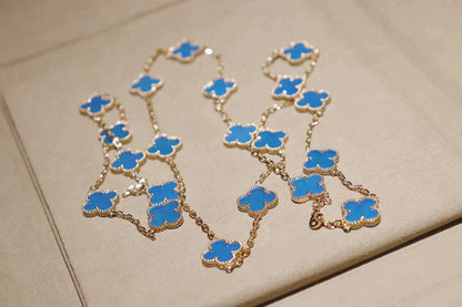 CLOVER 20 MOTIFS TURQUOISE GOLD NECKLACE